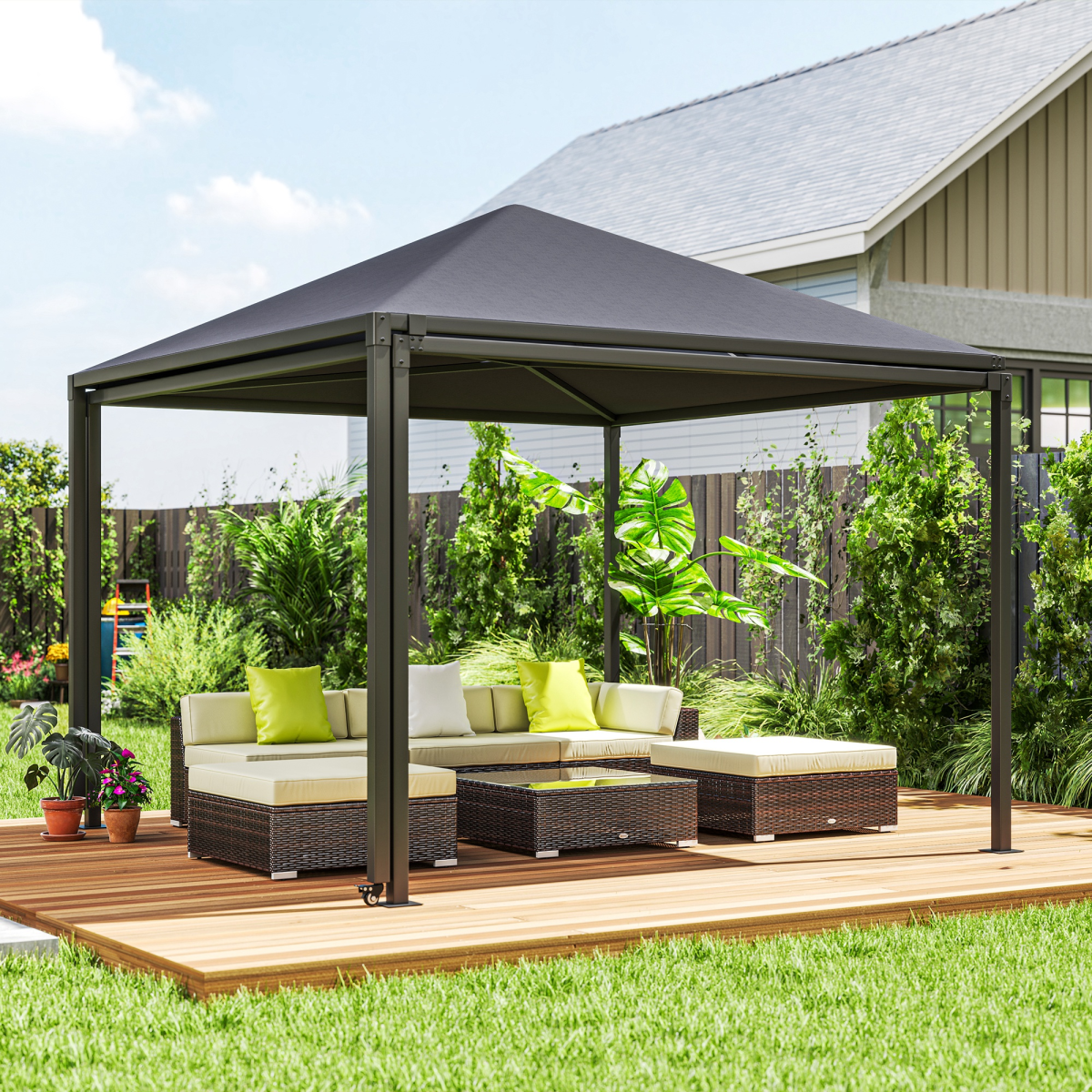 Outsunny 3 x 3m Garden Gazebo with Extendable Awning, Wheels & UPF30+ Canopy – Patio Shelter, Dark Grey