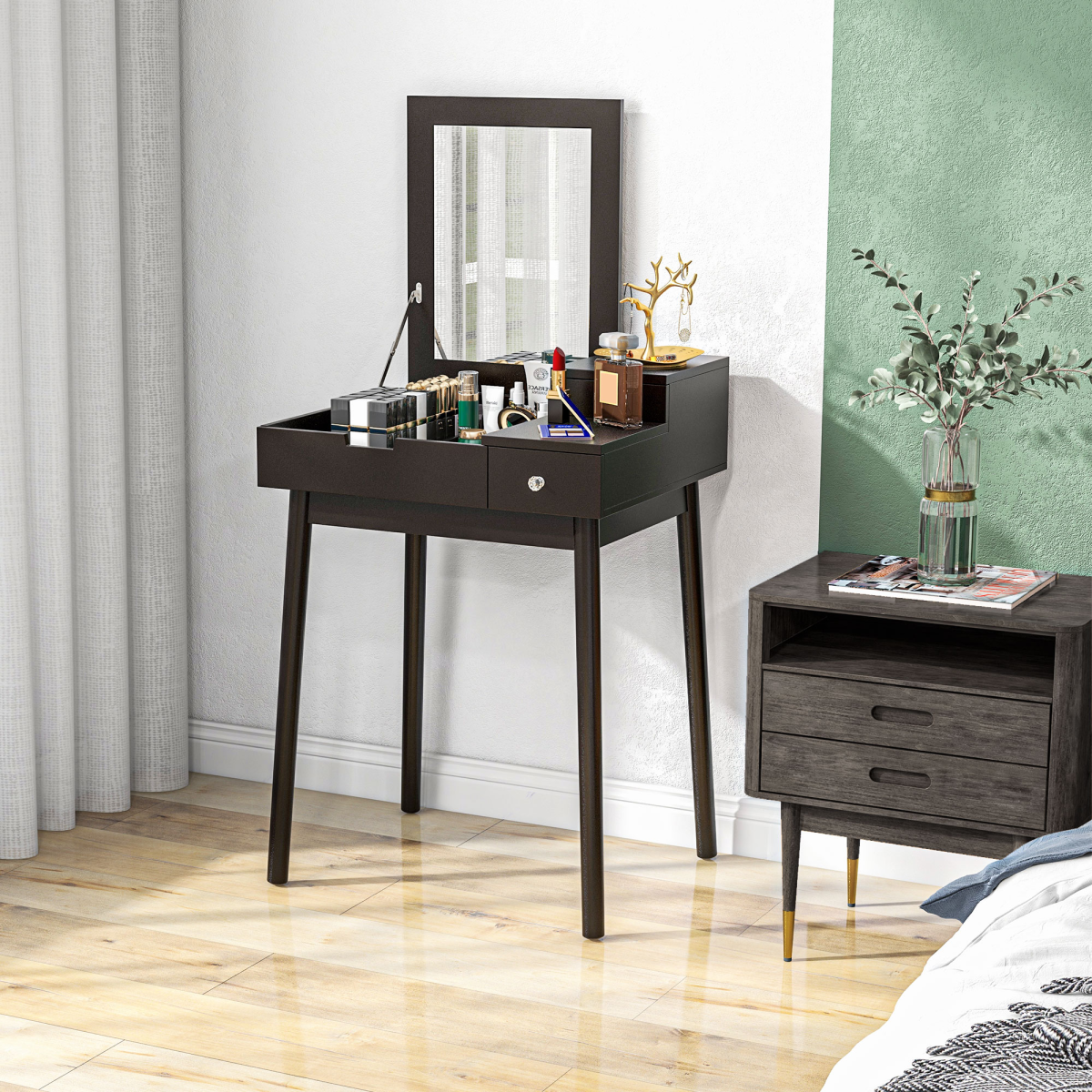 HOMCOM Dressing Table with Flip-Up Mirror and 2 Drawers – Vanity Makeup Desk and Writing Desk, Black