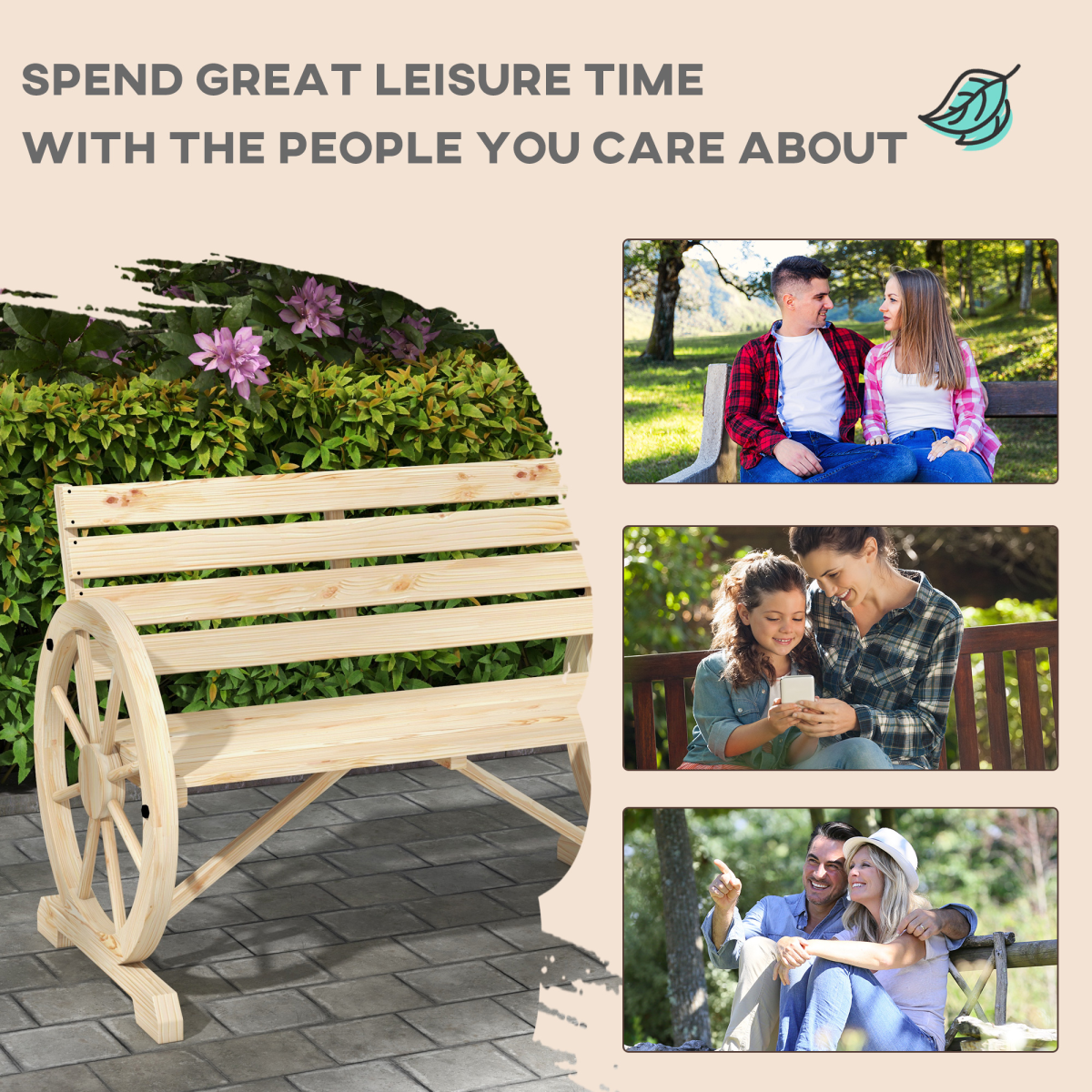 Outsunny 2-Seater Solid Fir Wood Garden Bench with Wagon Wheel Armrests and High Back – Outdoor Loveseat, Natural