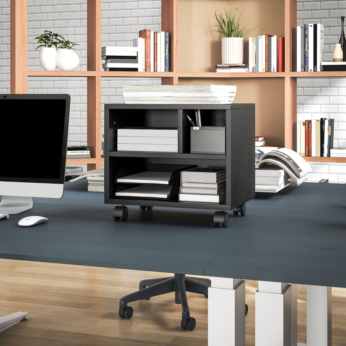 HOMCOM Printer Stand with 3 Compartments and Lockable Wheels – Home Office Storage Cart, 40kg Capacity, Black