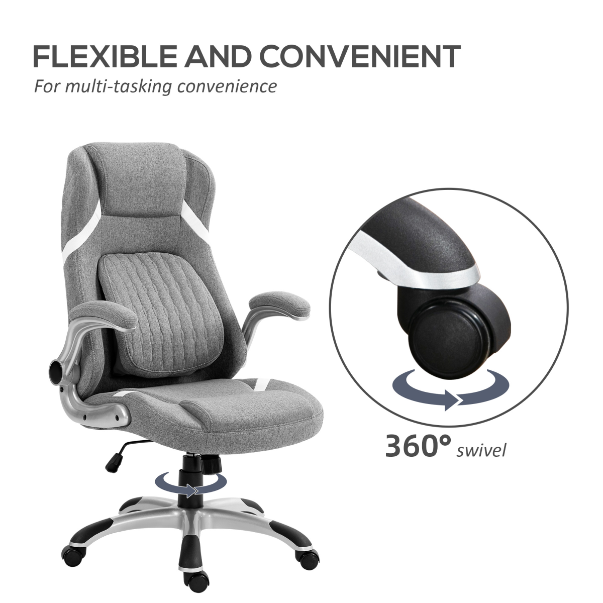 Vinsetto High Back Linen-Look Office Chair with Tilt, Lumbar Support & Flip-Up Arms – Grey