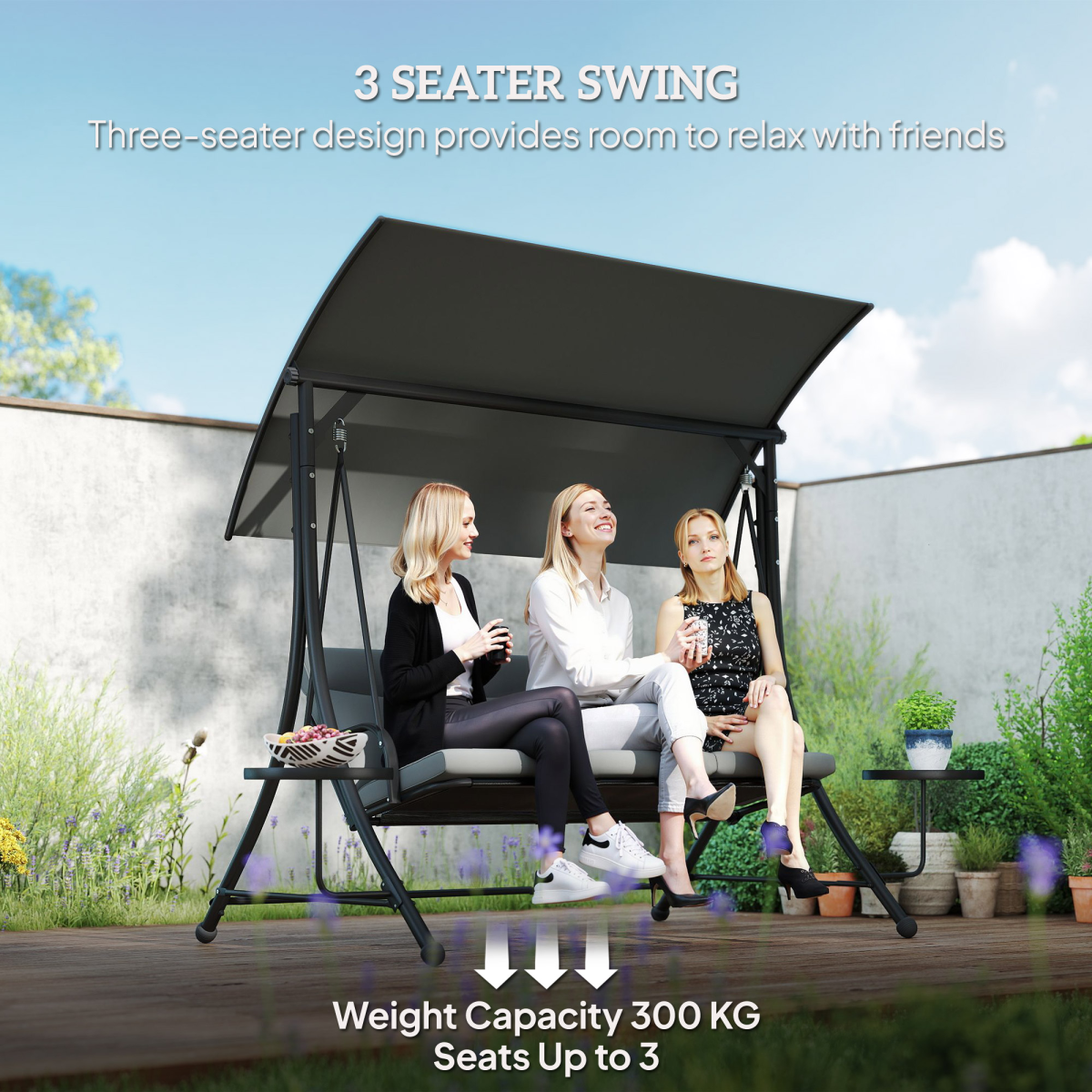 Outsunny 3-Seater Garden Swing Chair with Adjustable Canopy & Glass Coffee Tables – Steel Frame, Dark Grey