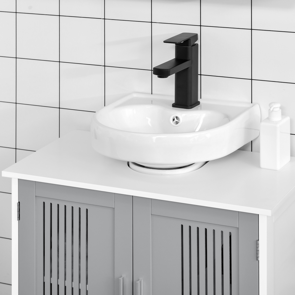 kleankin Modern Under Sink Cabinet with 2 Slatted Doors – Bathroom Vanity Storage Unit, White