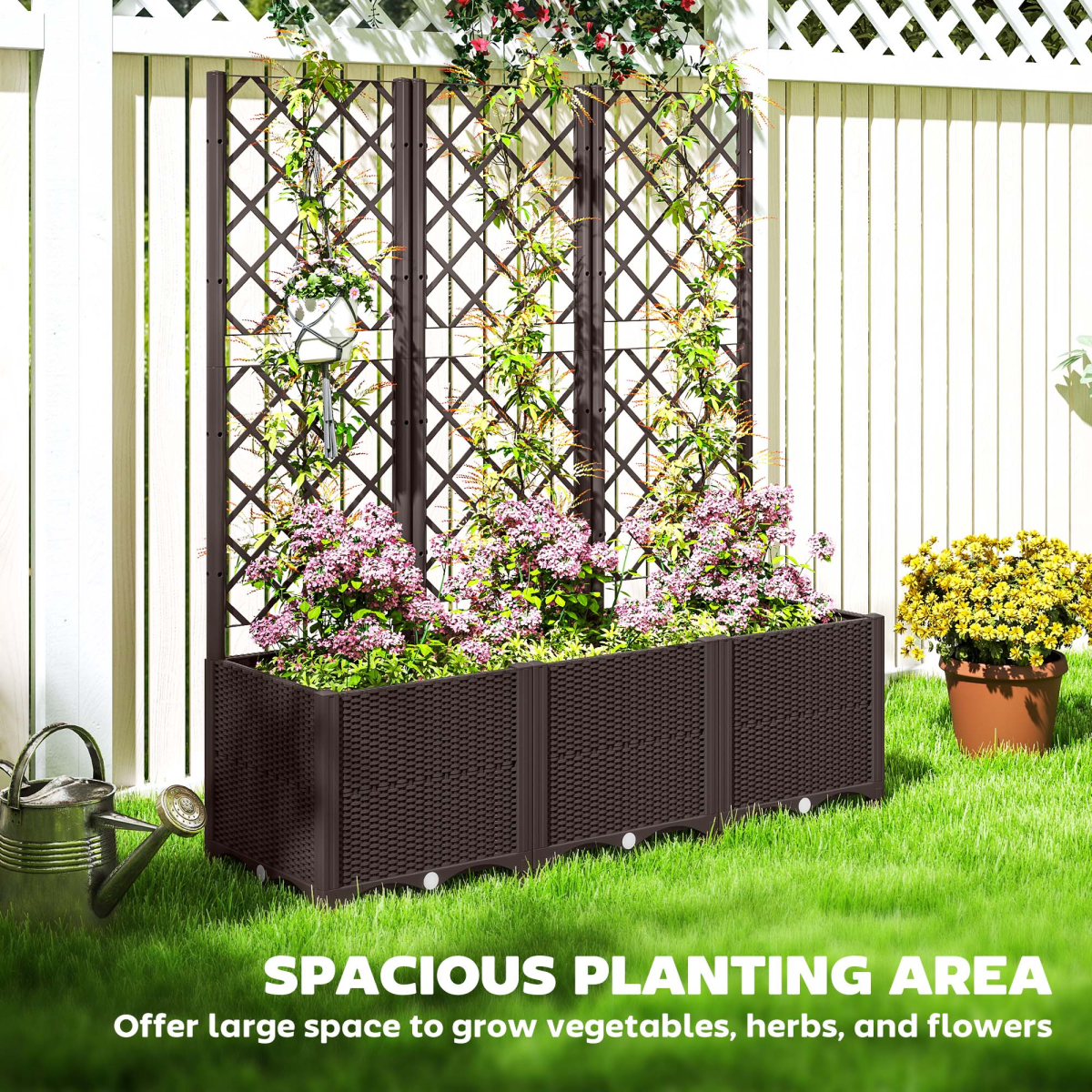 Outsunny Plastic Planter Box with Trellis and Drain Plugs – Vertical Vegetable Garden Raised Bed, Brown