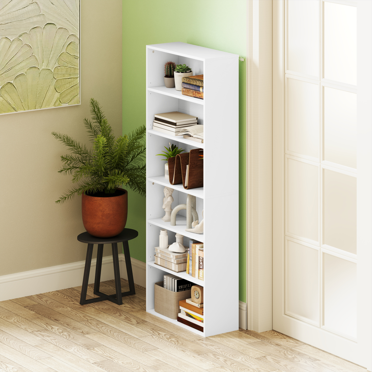 HOMCOM 6-Tier Freestanding Bookcase with Adjustable Shelves and Anti-Tipping Straps – Home Storage, White