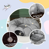 PawHut 2-in-1 Cat Tunnel with Bed, Zip-Together Play Tunnel with Hanging Toy Ball for Indoor Cats, Grey
