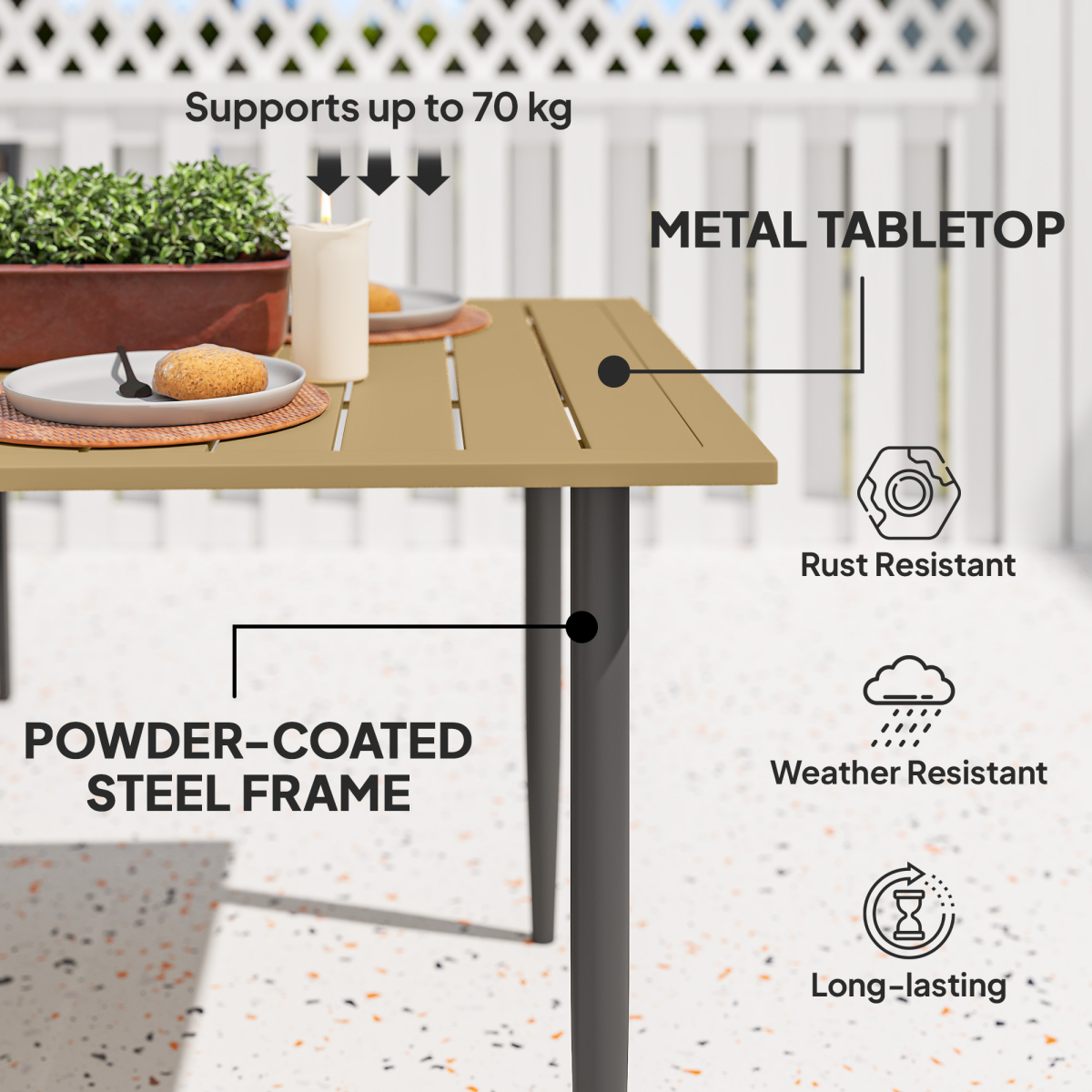 Outsunny Garden Dining Table for 6 with Parasol Hole, Slatted Steel Top, 150 x 90 cm – Outdoor Table, Brown