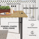 Outsunny Garden Dining Table for 6 with Parasol Hole, Slatted Steel Top, 150 x 90 cm – Outdoor Table, Brown