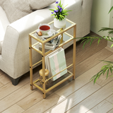 HOMCOM Slim Side Table with Three-Tier Tempered Glass Shelves – 18 cm Narrow End Table, Gold Tone
