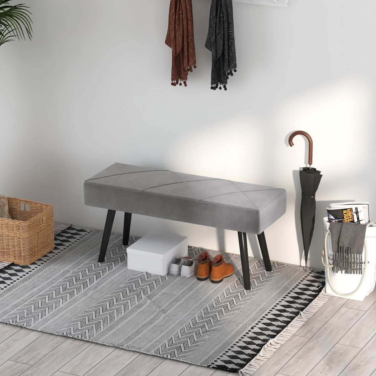 HOMCOM Velvet-Feel End of Bed Bench with Steel Legs – Upholstered Bedroom, Hallway or Window Seat, Grey