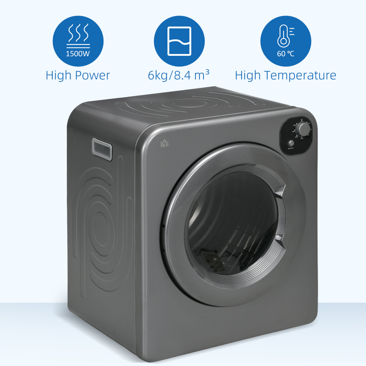 HOMCOM 6kg Vented Tumble Dryer with 7 Drying Programmes – 1500W Space-Saving Clothes Dryer, Grey