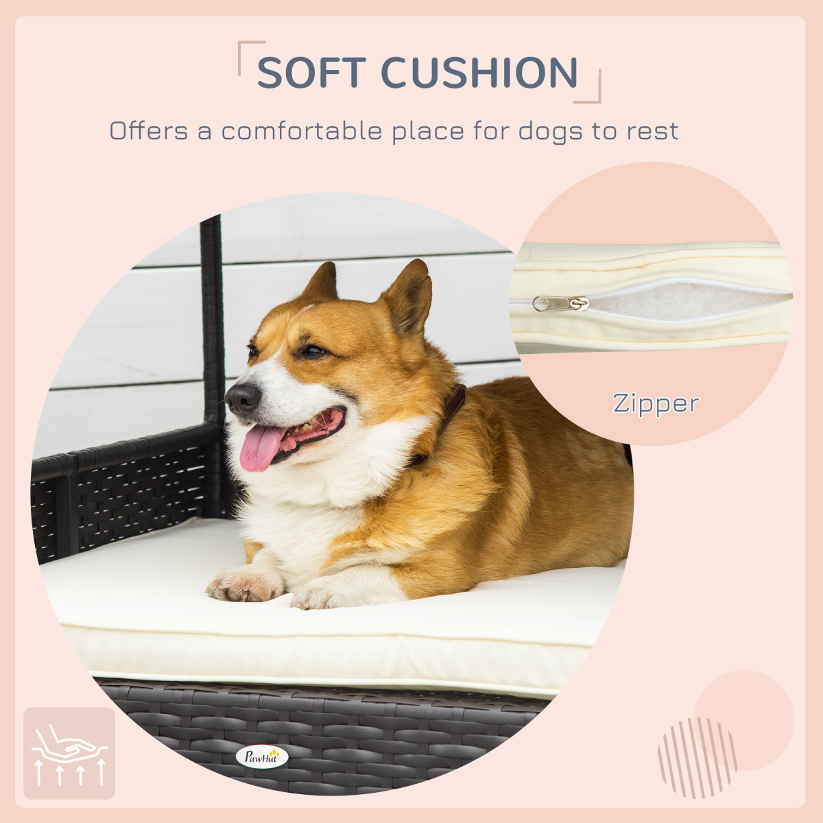 PawHut Wicker Dog House with Soft Cushion – Raised Rattan Pet Bed & Cat Basket for Small and Medium Dogs, Cream