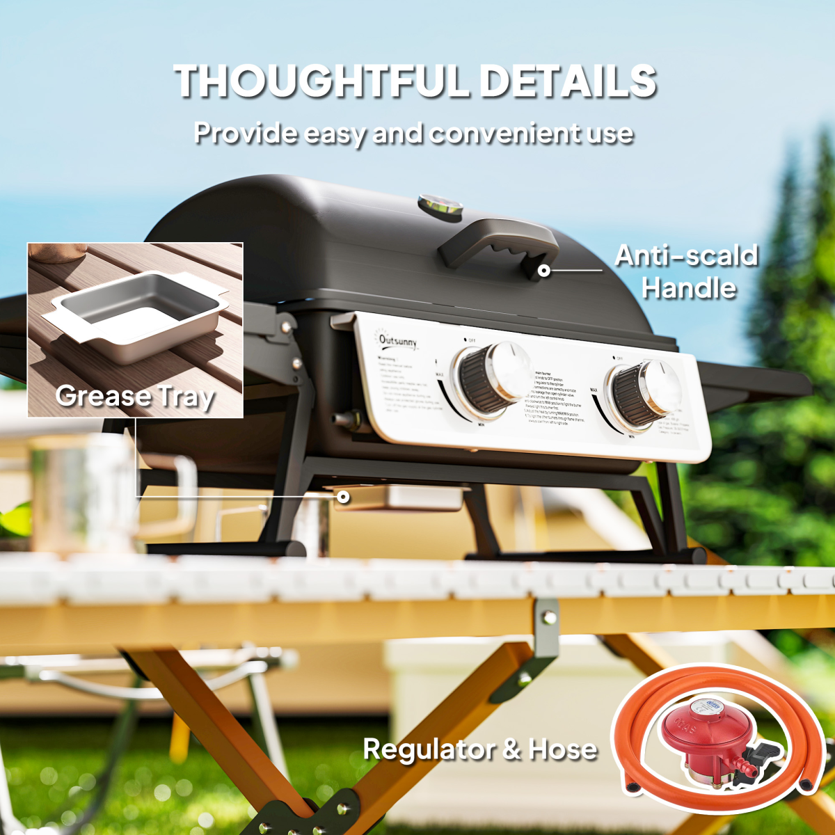 Outsunny Portable Tabletop Gas BBQ Grill with 2 Burners, Lid & Thermometer – Compact Outdoor Barbecue, Black