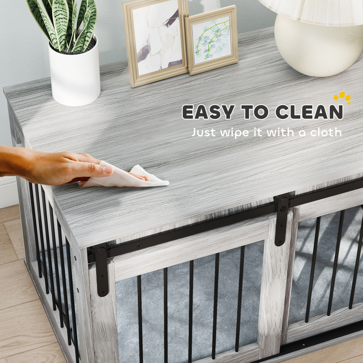 PawHut Dog Crate Furniture with Removable Cushion and Barn Door Design – Side Table Kennel for Large Dogs, Grey