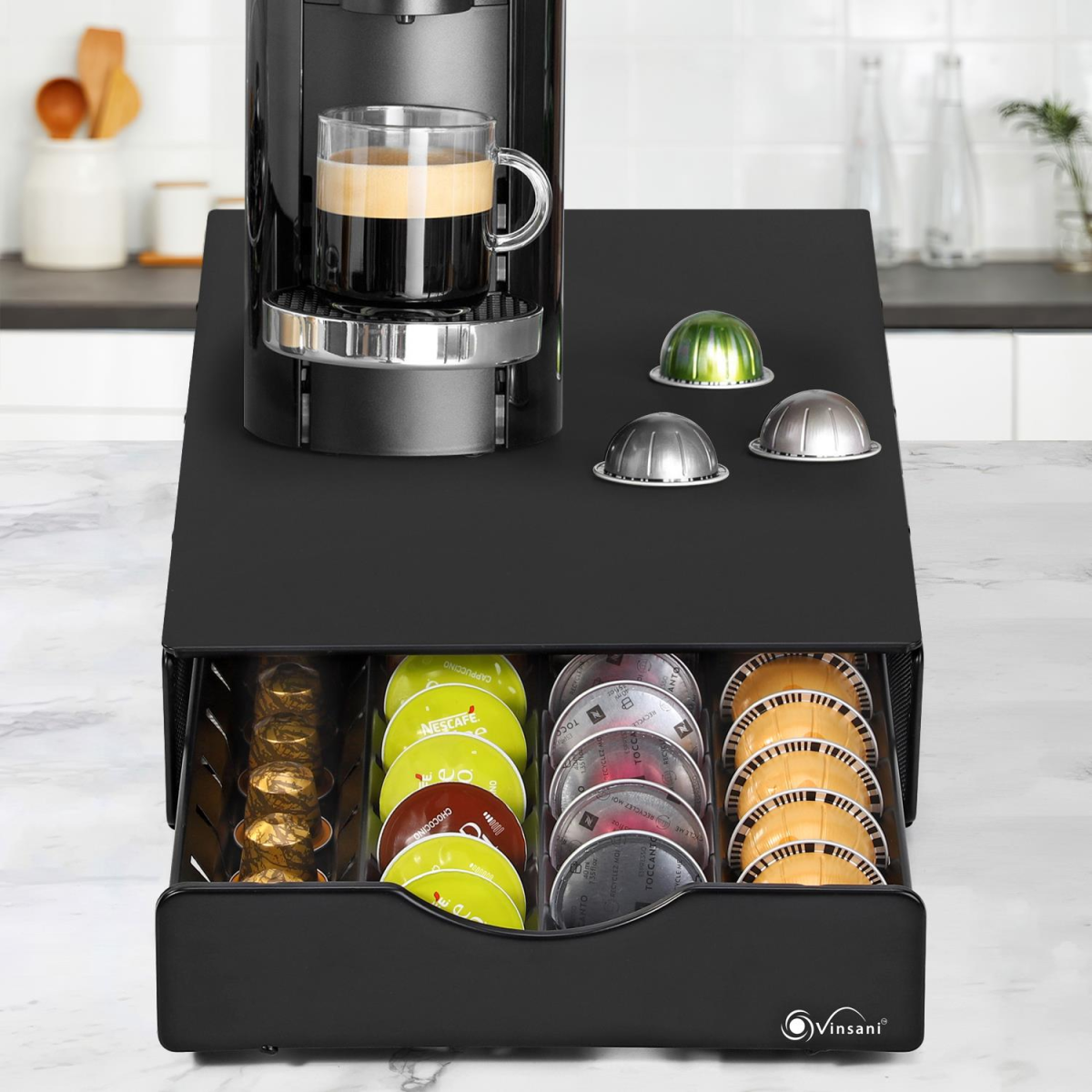 VINSANI 40 Coffee Pod Storage Drawer – Sliding Capsule Organiser for Under Your Coffee Machine