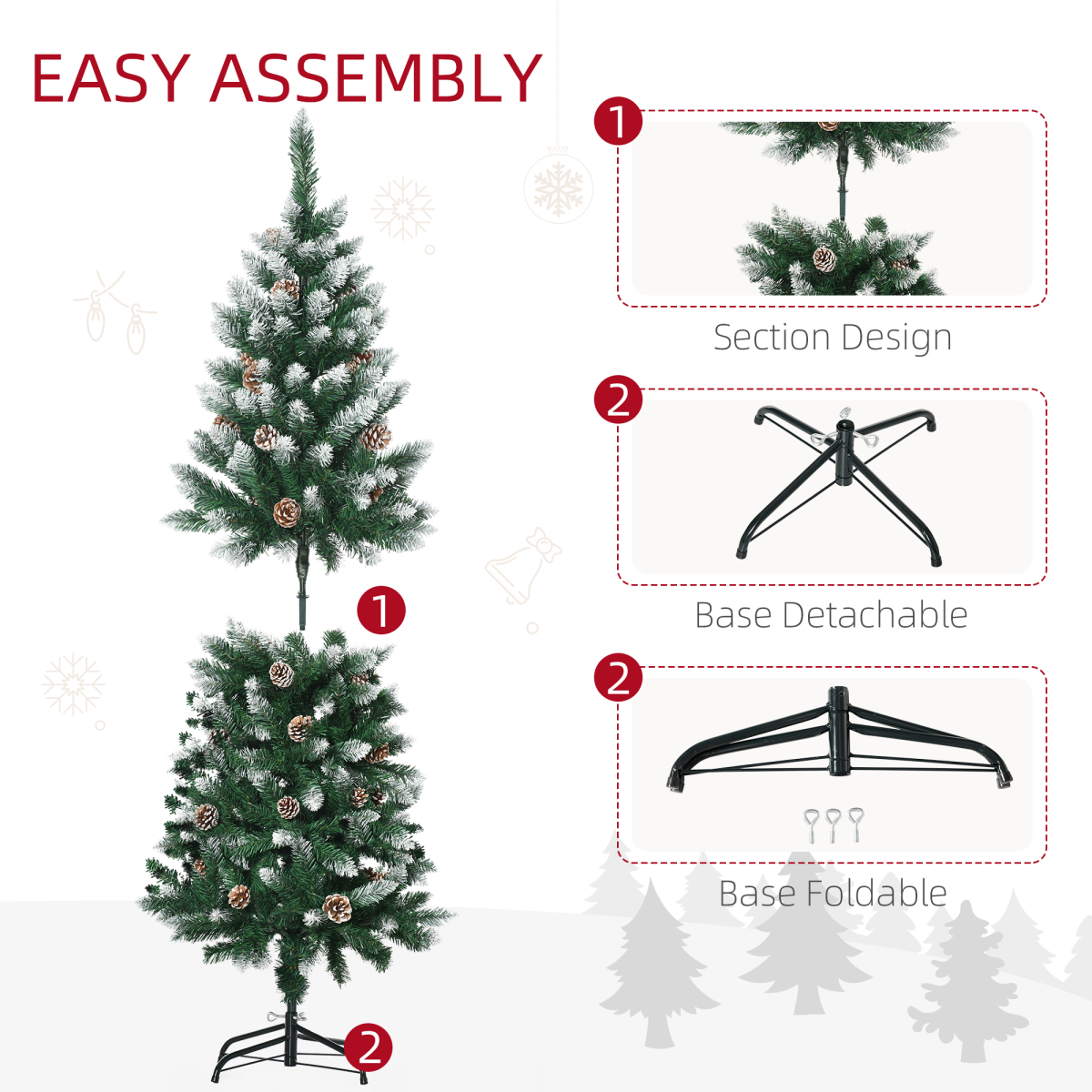 HOMCOM 5ft Snow Artificial Christmas Tree with Pine Cones, Bushy Unlit Tips & Steel Base – Holiday Home Decor
