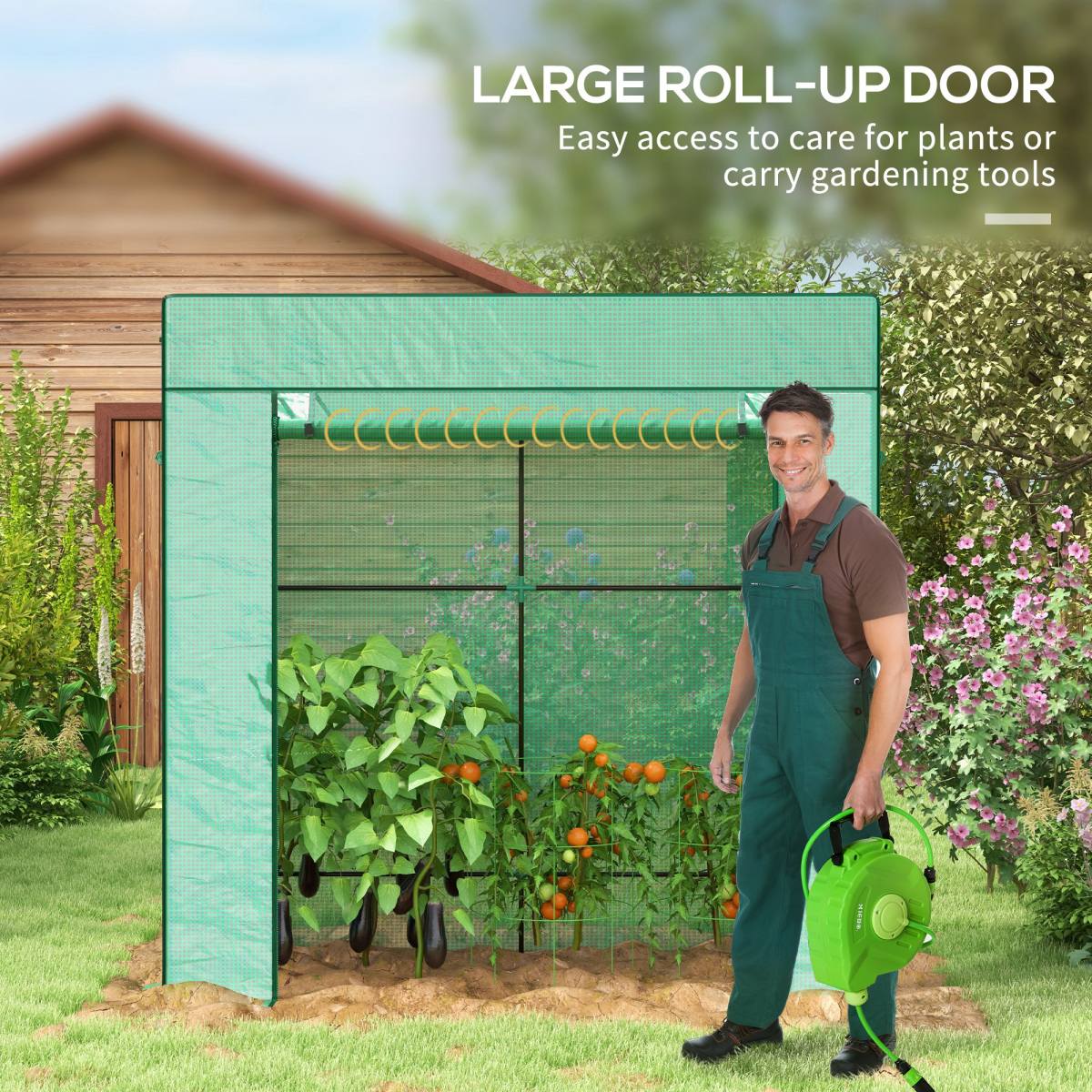 Lean-to Walk-in Greenhouse with Roll-up Door & 2 Mesh Windows – PE Cover Wall Grow House, 196 x 77 x 197cm, Green