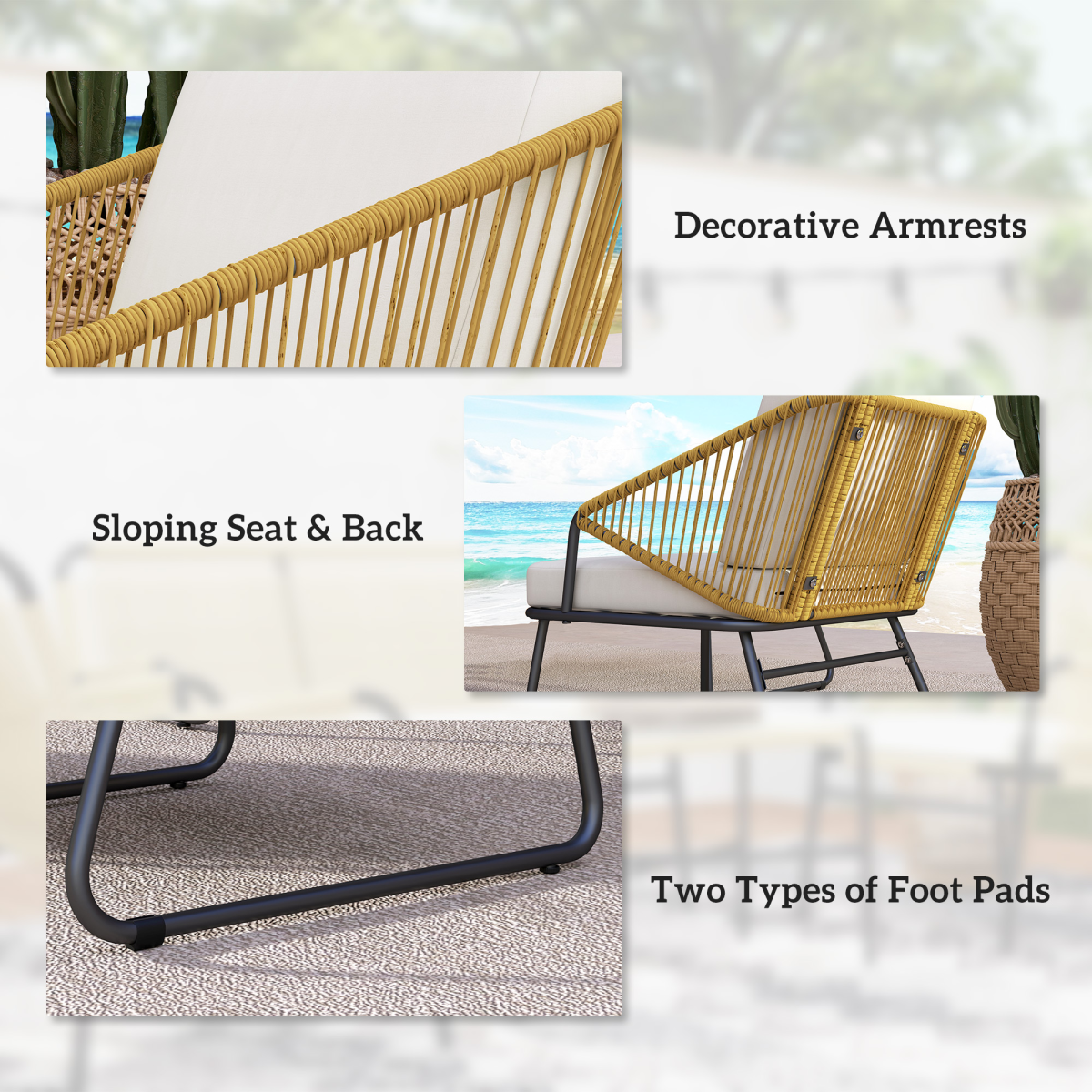Outsunny 4-Piece PE Rattan Garden Furniture Set with Loveseat, Cushions & Glass Coffee Table, Natural