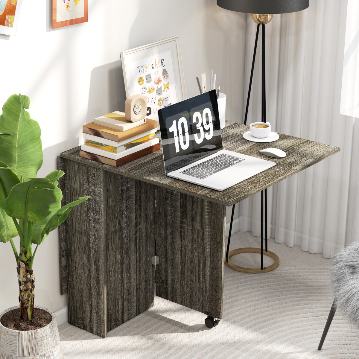 HOMCOM Mobile Drop Leaf Dining Table with 2 Storage Shelves and Brake Wheels – Space-Saving Folding Desk, Grey