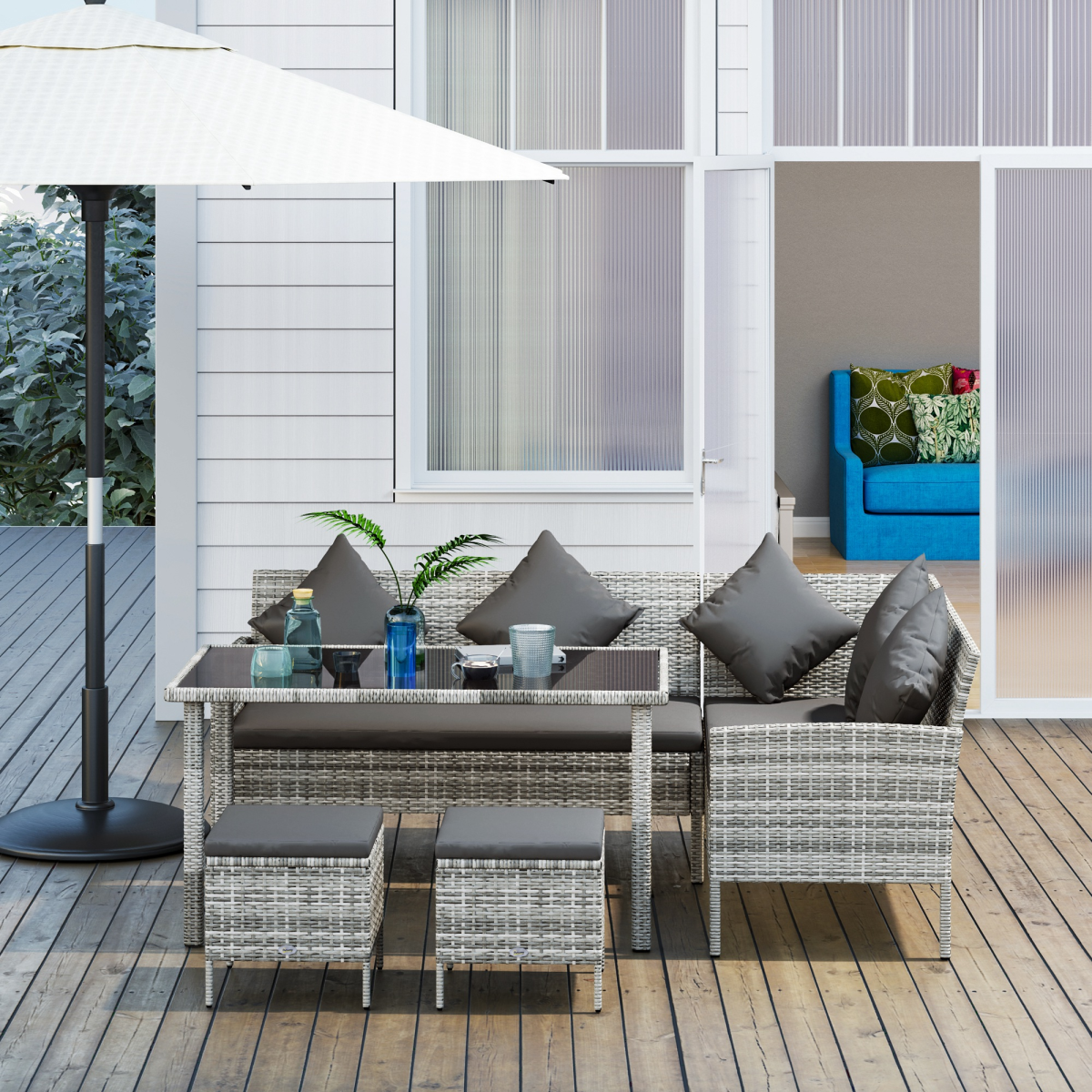Outsunny 5-Piece Rattan Corner Sofa Dining Set with Glass Table and Footstools – Garden Furniture, Dark Grey
