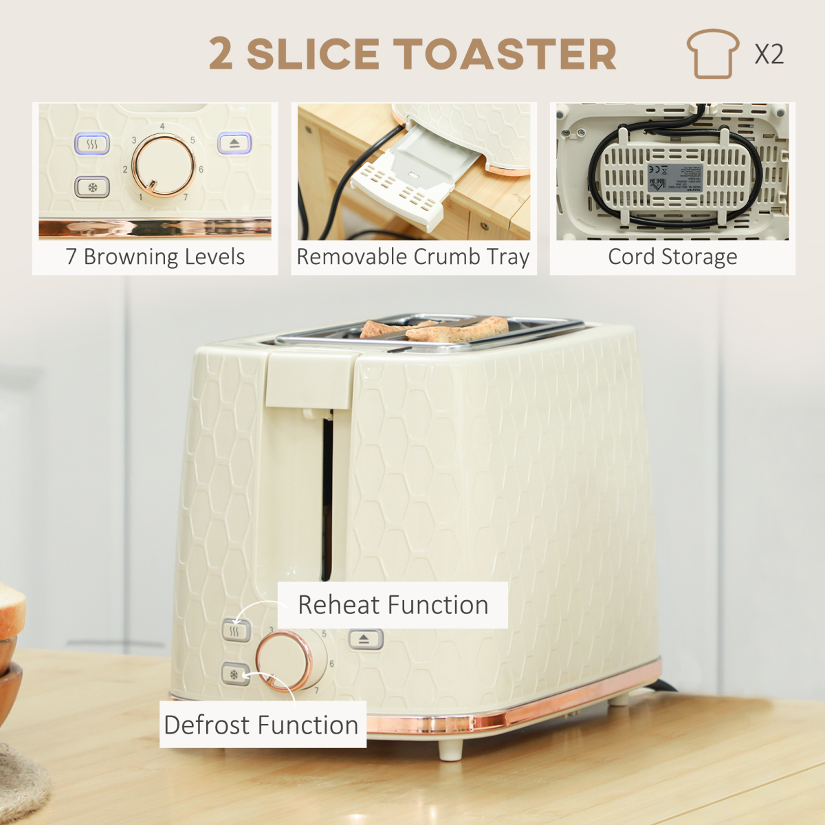 Honeycomb 1.7L Fast Boil Kettle & 2-Slice Toaster Set – Matching Breakfast Set with 7 Browning Settings