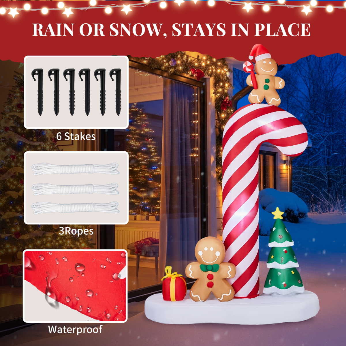 2.45m Light-Up Inflatable Candy Cane with Gingerbread Men – Christmas Blow-Up Decoration with Built-In LEDs