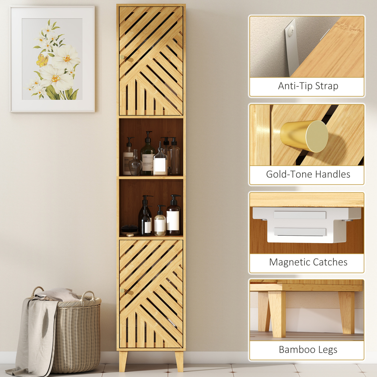 HOMCOM Tall Slim Bathroom Cabinet with Bamboo Doors, Open Compartments & Adjustable Shelves – Storage, Natural