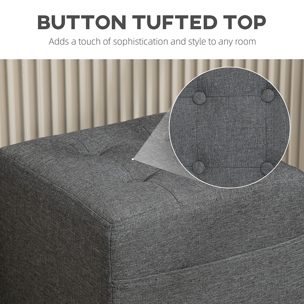 HOMCOM Small Square Footstool Ottoman with Padded Button-Tufted Seat and Side Pocket – Living Room, Grey