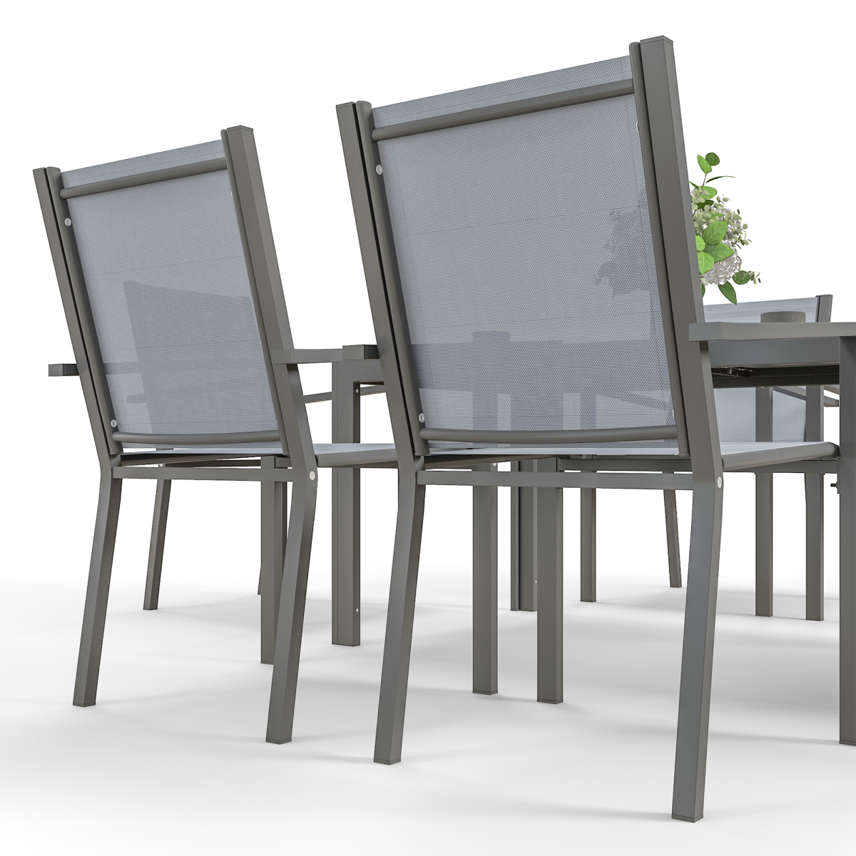 Outsunny 7-Piece Patio Dining Set with Table & 6 Stackable High-Back Armchairs – Steel Frame Garden Furniture, Grey