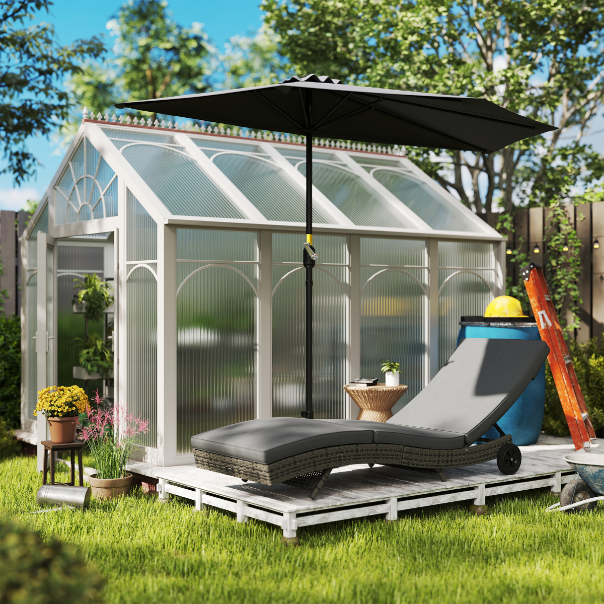 Outsunny Rattan Sun Lounger with 5-Level Reclining Back & Wheels – Outdoor Garden Recliner, Dark Grey