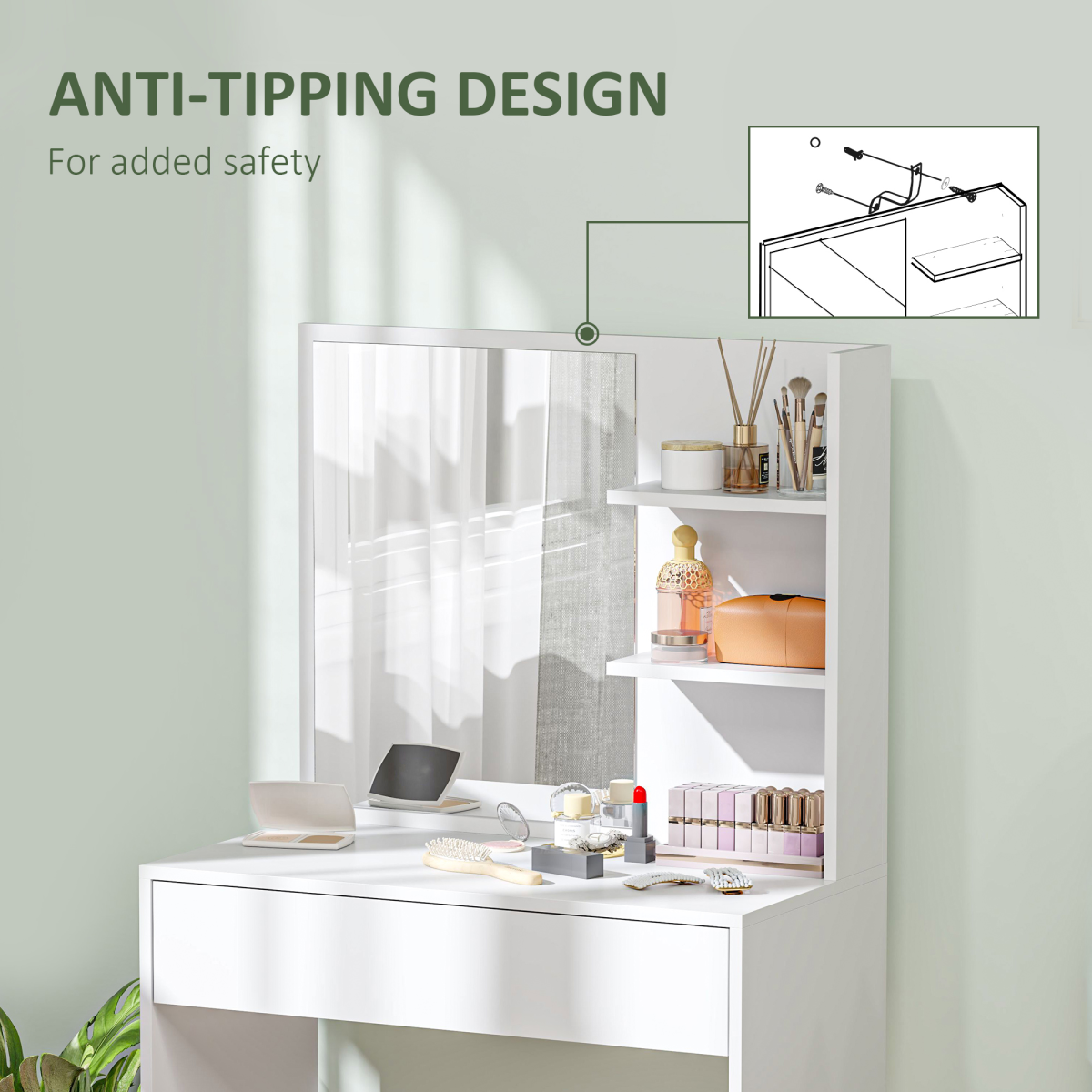 HOMCOM Modern Dressing Table with Large Mirror, Drawer & 3-Tier Open Shelves – Bedroom Vanity, White