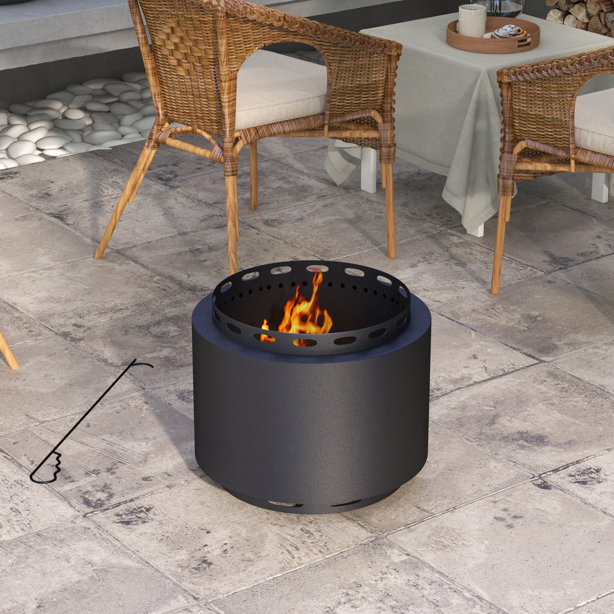 Outsunny 48.5cm Smokeless Wood Burning Fire Pit with Poker – Black Metal Outdoor Fireplace for Patio & Garden