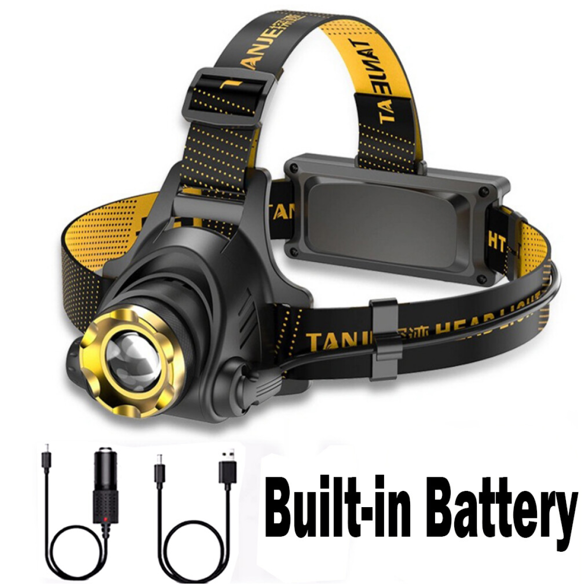 USB Rechargeable LED Headlamp with 3 Light Modes & Zoomable Beam – Camping Head Torch, Car Charger & Cable