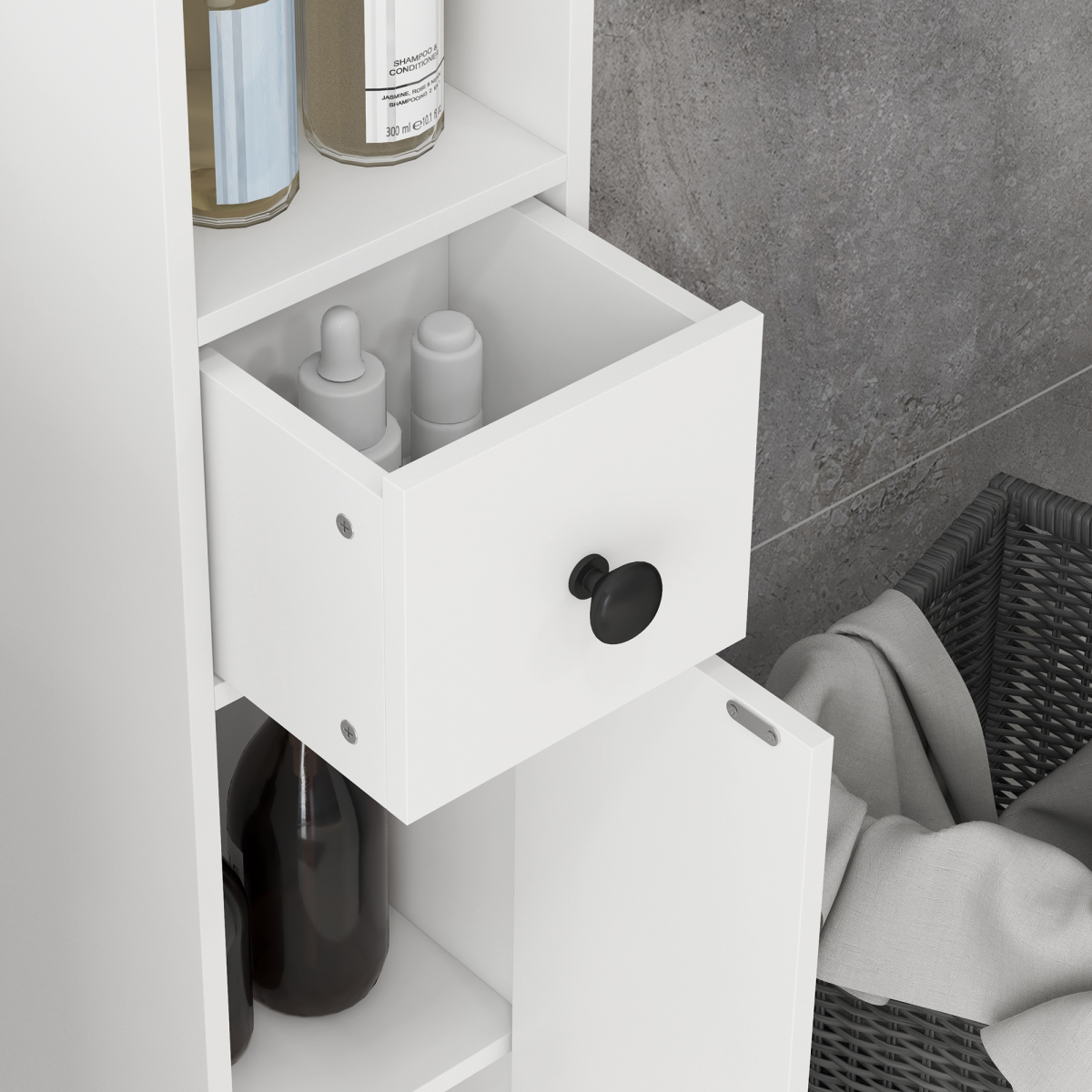 Kleankin Slim Bathroom Cabinet with Drawer, Four Open Shelves & Toilet Roll Storage – Floor Standing Unit, White