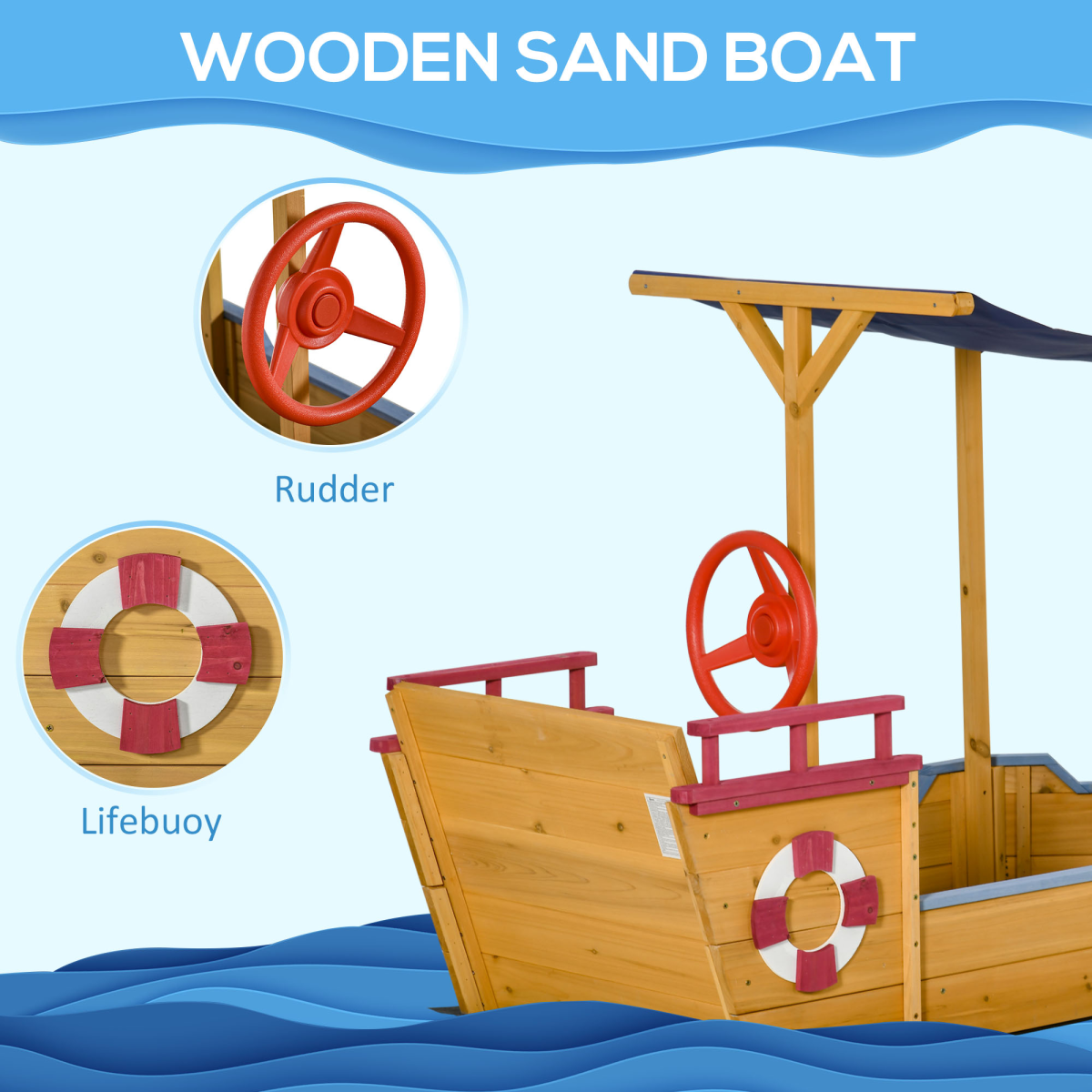 Kids Wooden Pirate Boat Sandpit with Canopy Shade and Storage Bench – Outdoor Sandbox