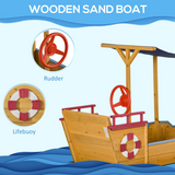 Kids Wooden Pirate Boat Sandpit with Canopy Shade and Storage Bench – Outdoor Sandbox