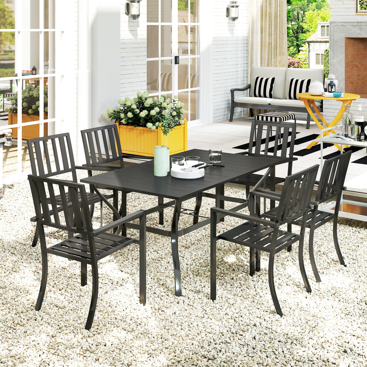 Outsunny 7-Piece Steel Patio Dining Set with 42mm Umbrella Hole – Table & 6 Stackable Chairs, Black