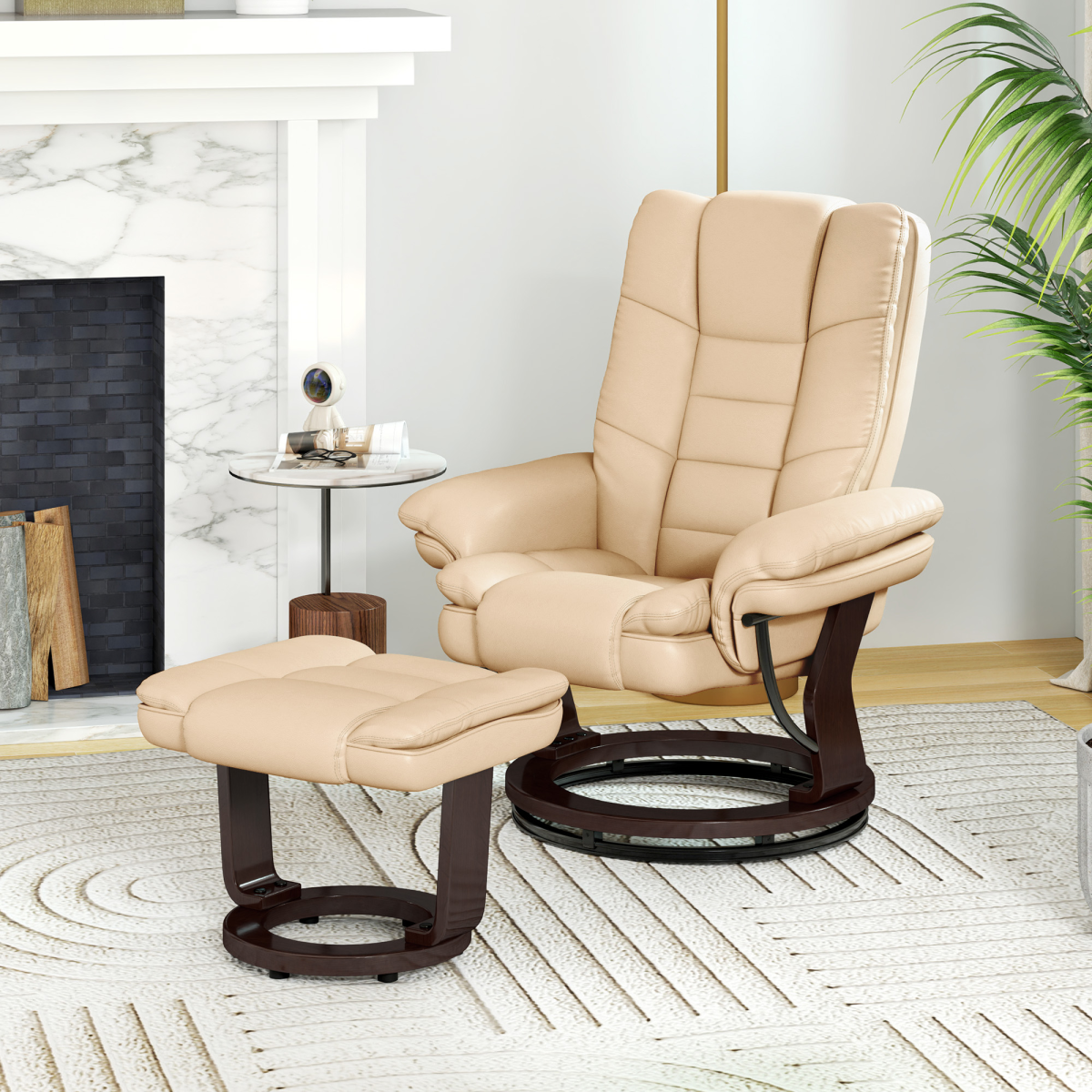HOMCOM Swivel Manual Recliner Chair with Footrest Set – PU Leather Lounge Armchair, Beige