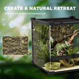 Glass Reptile Terrarium with Rock Background, Lockable Door & Ventilated Lid – 24L Waterproof Base for Wet Setups, Black