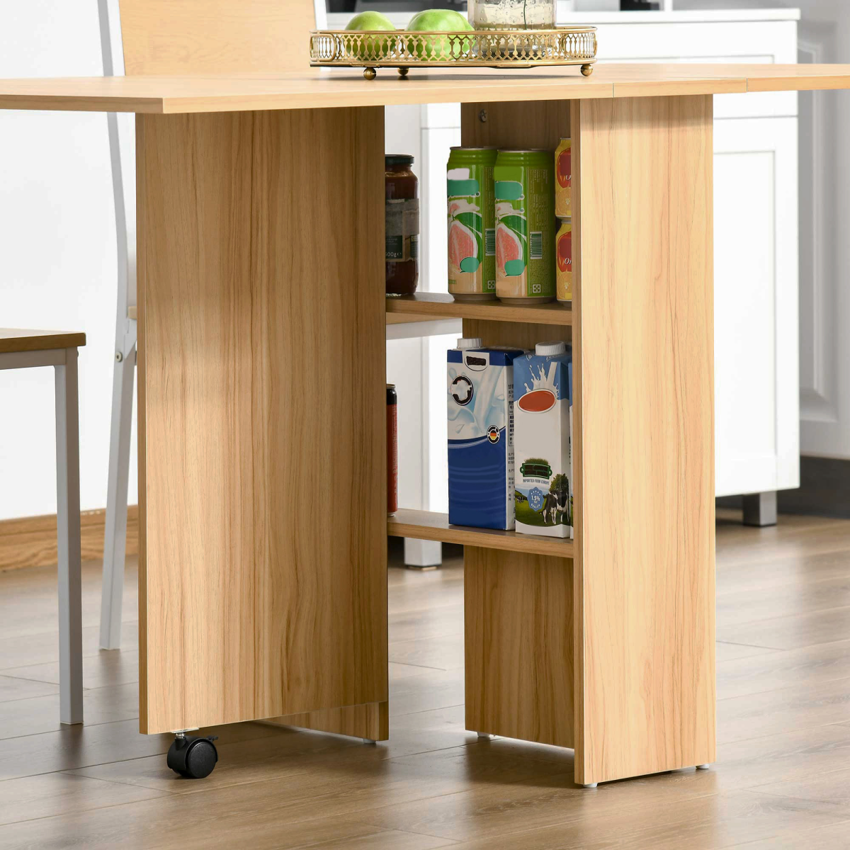 HOMCOM Folding Drop-Leaf Dining Table with 2 Storage Shelves & Lockable Wheels – Space-Saving, Teak