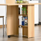 HOMCOM Folding Drop-Leaf Dining Table with 2 Storage Shelves & Lockable Wheels – Space-Saving, Teak