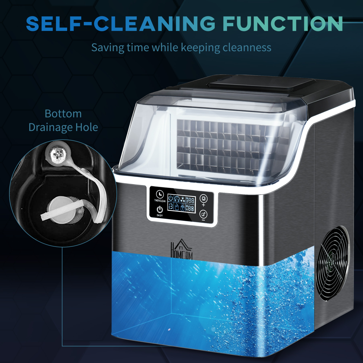 HOMCOM Countertop Ice Maker with Adjustable Cube Size, 20kg per Day – Compact Kitchen Appliance, Black
