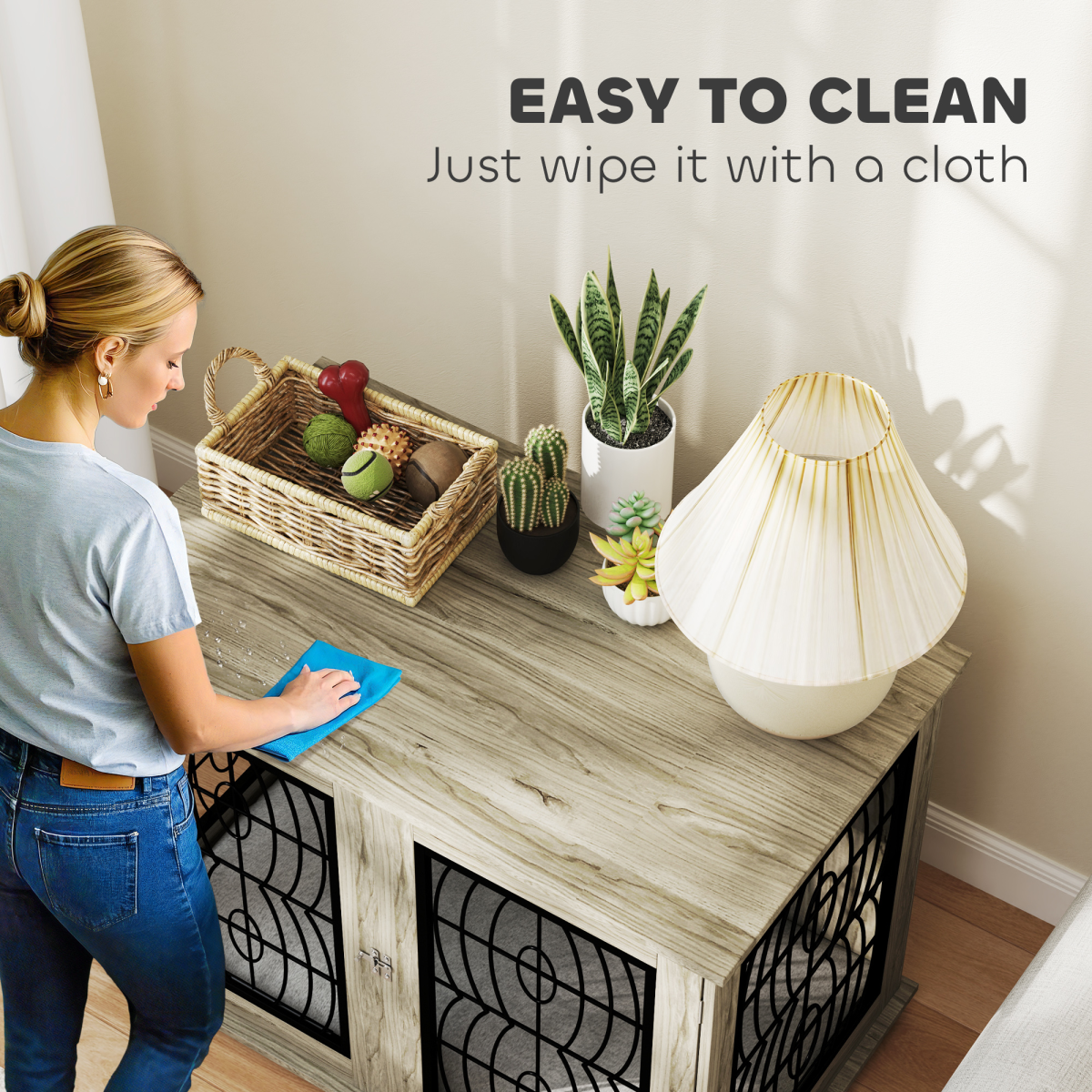 PawHut Dog Crate Furniture, 37 Inch End Table for Large Dogs with Cushion – Lockable Door, Grey Wood Effect