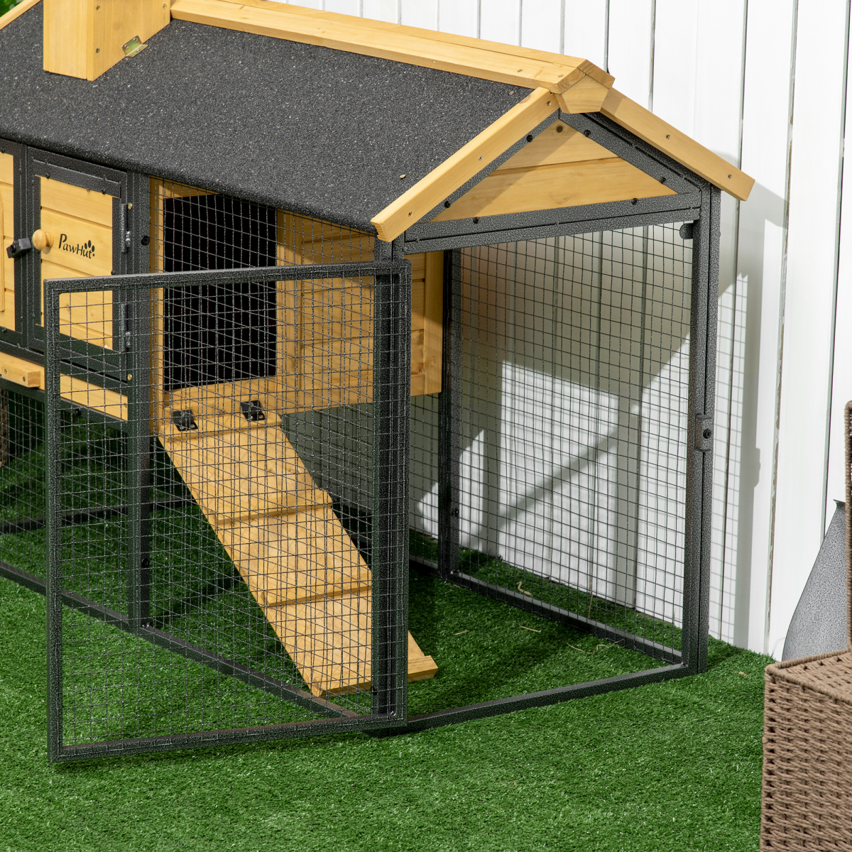 PawHut Two-Tier Outdoor Rabbit Hutch with Run, Removable Tray & Asphalt Roof – Wood and Steel Bunny Cage