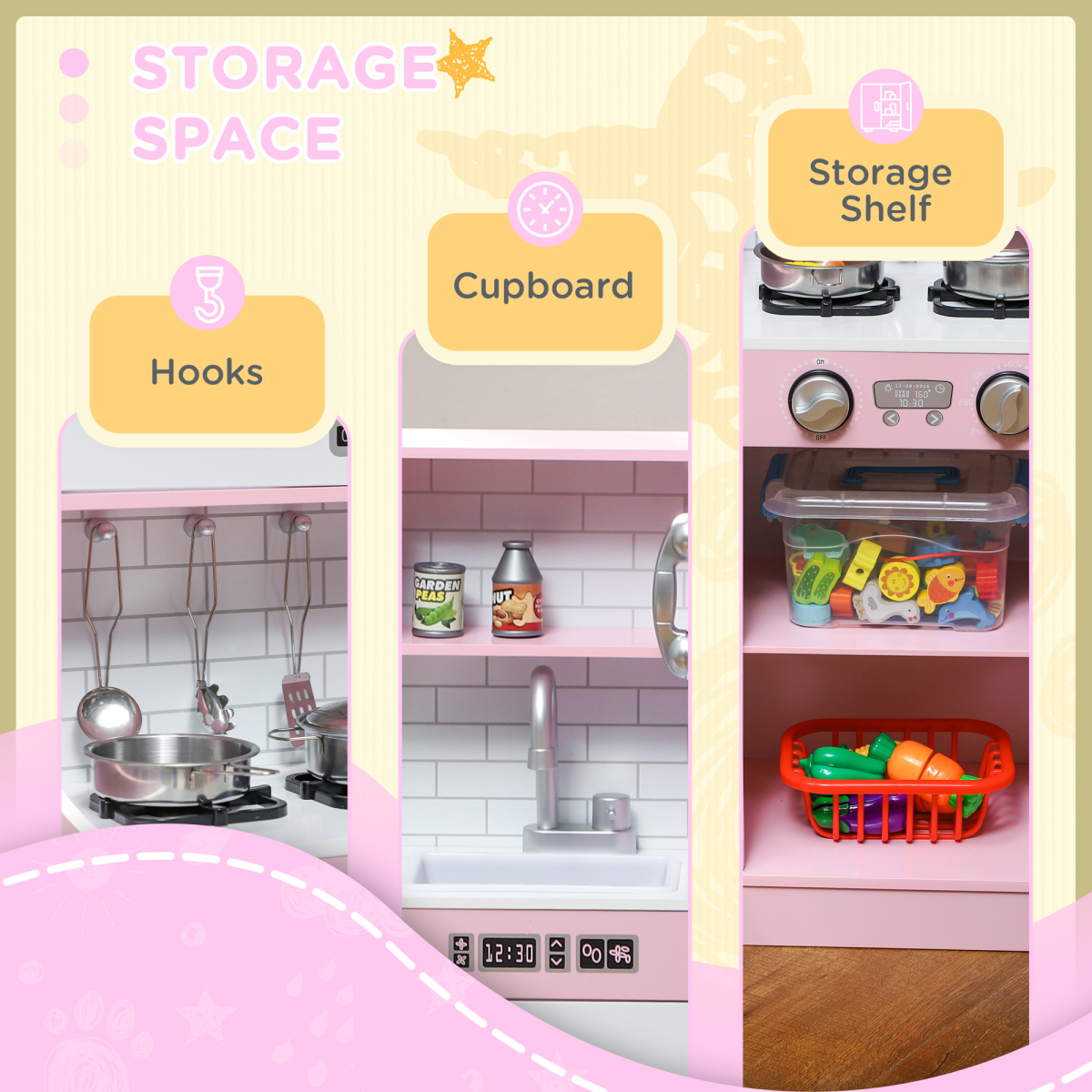 AIYAPLAY Play Kitchen with Toy Phone, Chalkboard, Sink and Ice Maker – Pretend Toy Kitchen Set, Pink