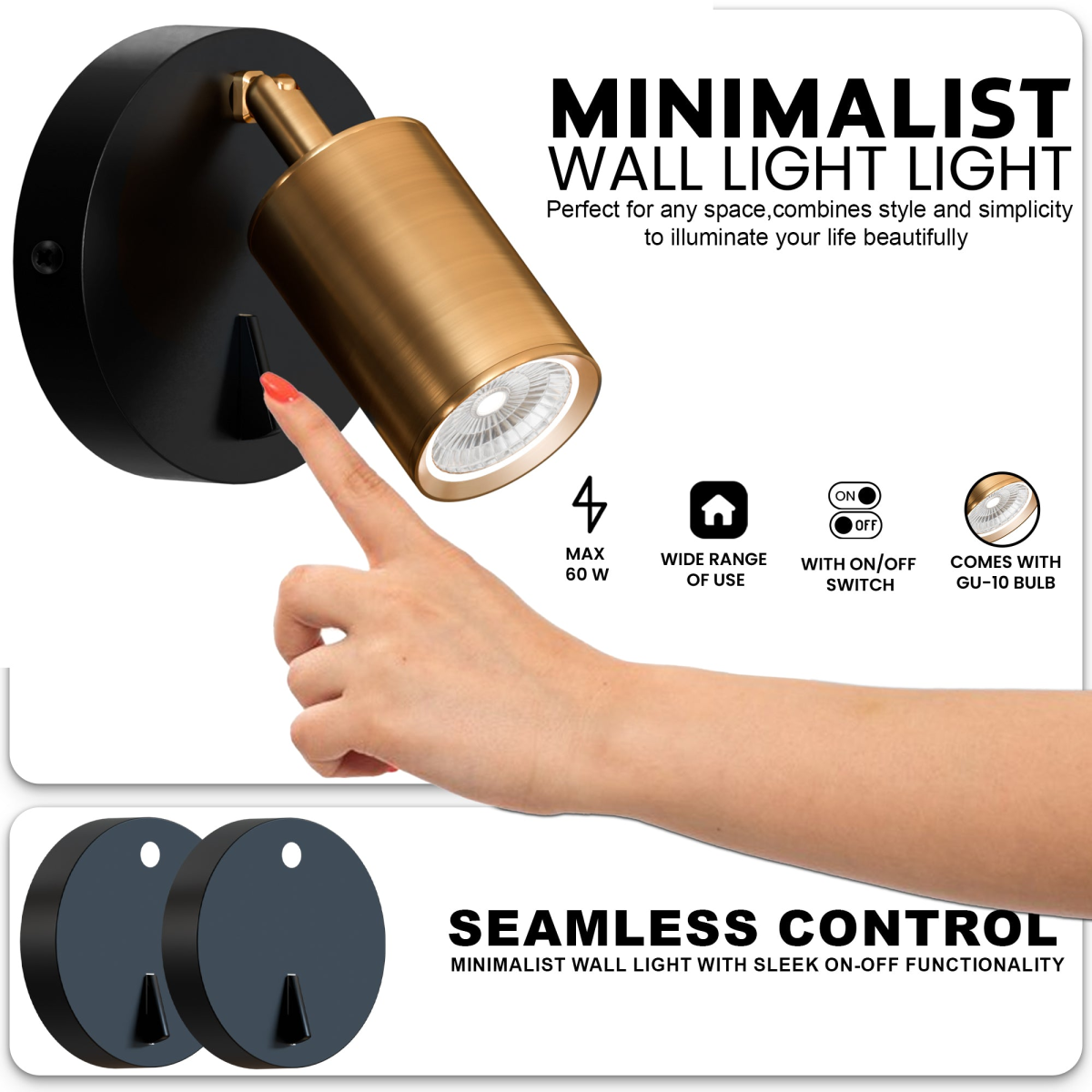 LEDSone Rotatable GU10 Spotlight Wall Light with On-Off Switch – Adjustable Metal Wall Lamp, Yellow Brass