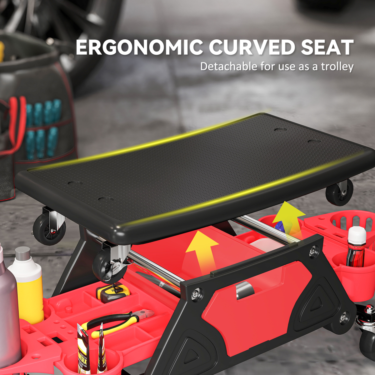 Rolling Mechanic Stool with Detachable Seat, Tool Trays & Storage Drawer – 135kg Capacity Workshop Seat, Red