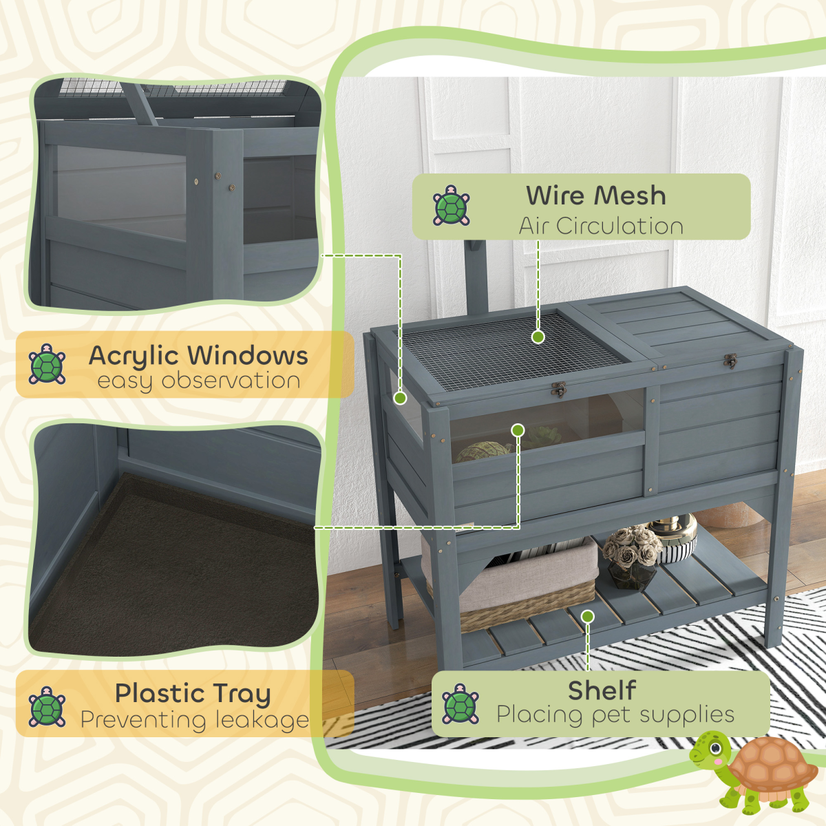 PawHut Wooden Tortoise House with Run, Shelter, Bottom Shelf & Lamp Holder – Habitat, Grey