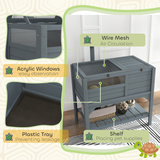 PawHut Wooden Tortoise House with Run, Shelter, Bottom Shelf & Lamp Holder – Habitat, Grey