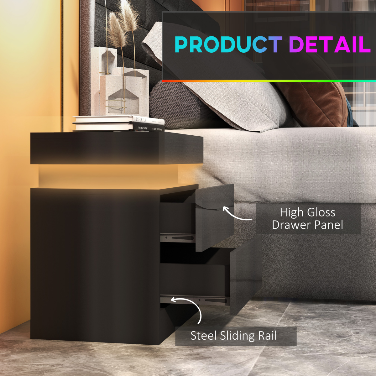 HOMCOM High Gloss Bedside Table with LED Light and 2 Drawers – Remote-Controlled Side Table, Black